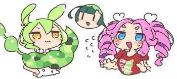  2girls :3 alternate_costume animal_ears blue_eyes blush_stickers commentary cropped_torso drill_hair edamame flying_sweatdrops green_hair hair_ornament highres multiple_girls open_mouth pink_hair print_shirt red_shirt sakamoto_ahiru shikoku_metan shirt short_eyebrows short_sleeves simple_background sketch spoken_character sweatdrop thick_eyebrows touhoku_zunko twin_drills voicevox white_background white_shirt yellow_eyes zundamon 