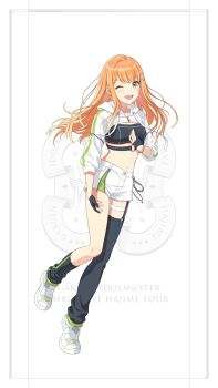 1girl blonde_hair buttons chain english_text fingerless_gloves full_body gakuen_idolmaster game_cg garter_straps gloves green_eyes hair_ornament hairclip hood hoodie idol_clothes idolmaster multicolored_hair navel official_art one_eye_closed open_mouth orange_hair shiun_sumika short_shorts shorts single_thighhigh solo thighhighs white_shorts zipper