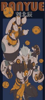  1boy arms_up artificial_eye banyue_(zenless_zone_zero) blue_background character_name claws clothed_robot clothes_around_waist commentary english_commentary extra_arms floating_ball grey_hair humanoid_robot leg_up long_hair male_focus mechanical_eye mechanical_hands metal_skin orb pearwithoutthet pillarboxed robot robot_boy solo unfinished zenless_zone_zero 