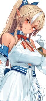 1girl akasaai back_bow blonde_hair bow bowtie breasts cleavage cleavage_cutout closed_mouth clothing_cutout commentary_request criss-cross_halter cutout_above_navel dark-skinned_female dark_skin detached_sleeves elf gloves hair_bow half_gloves halter_shirt halterneck high_ponytail highres hololive large_breasts long_hair long_sidelocks looking_at_viewer multicolored_hair orange_eyes pleated_skirt pointy_ears ponytail red_bow red_bowtie shiranui_flare shiranui_flare_(1st_costume) shirt sidelocks skirt skirt_bow skirt_set smile solo streaked_hair virtual_youtuber white_gloves white_shirt white_skirt white_sleeves white_streaks wide_sleeves 