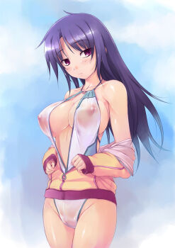  amei_sumeru blush covered_erect_nipples jacket long_hair nipples original purple_hair red_eyes see-through_clothes swimsuit third-party_edit undressing  rating:Questionable score:60 user:Hepooh