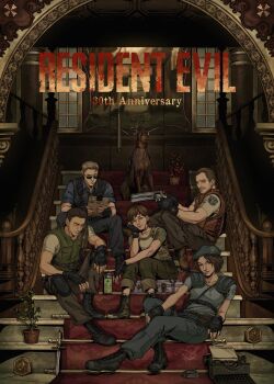  albert_wesker blue_tank_top blue_tube_top chris_redfield fingerless_gloves gloves highres holster jill_valentine jillvalart multiple_boys multiple_girls police police_uniform rebecca_chambers resident_evil resident_evil_1 s.t.a.r.s._uniform shoulder_holster shoulder_pads strapless tank_top tube_top 