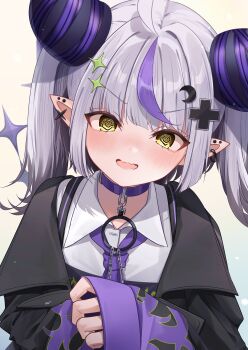  1girl @_@ absurdres ahoge black_jacket black_streaks blush commentary_request crescent crescent_hair_ornament demon_girl demon_horns ear_piercing grey_hair hair_ornament highres hololive horns jacket la+_darknesss la+_darknesss_(gaming_casual) looking_at_viewer medium_hair multicolored_hair necktie official_alternate_costume open_mouth piercing pointy_ears purple_necktie purple_streaks shagaihi sleeves_past_wrists smile solo star_(symbol) star_hair_ornament streaked_hair two_side_up virtual_youtuber 