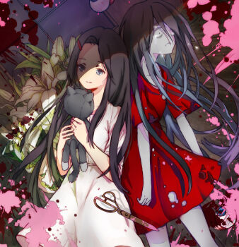 2girls blood blood_on_scissors closed_mouth colored_skin commentary corpse_party crying crying_with_eyes_open dark_persona dress dual_persona english_commentary grey_eyes grey_skin holding holding_stuffed_toy light_persona long_hair multiple_girls pink_blood red_dress scissors shinozaki_sachiko smile stuffed_animal stuffed_cat stuffed_toy ta_(shyura) tears torn_clothes torn_dress white_dress 