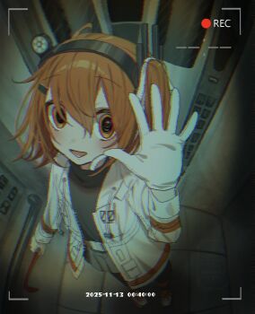  1girl a.i._voice absurdres adachi_rei belt black_pantyhose black_shirt blush buckle camera_feed chromatic_aberration coat crowbar dated elevator flat_chest from_above glitch gloves grey_skirt hair_between_eyes hair_ribbon hairband hand_up hashtag-only_commentary headlamp highres holding holding_crowbar long_sleeves looking_at_viewer mikazuki123457 open_clothes open_coat open_mouth orange_eyes orange_hair pantyhose perspective recording ribbon shirt shoes short_hair skirt snap-fit_buckle sneakers solo standing timestamp turtleneck utau viewfinder watermark waving white_coat white_gloves 