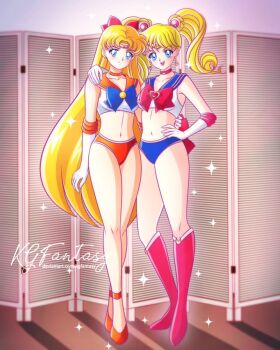 2girls adult_swim aino_minako back_bow bikini bishoujo_senshi_sailor_moon bishoujo_senshi_sailor_moon_r bishoujo_senshi_sailor_moon_r:_the_movie bishoujo_senshi_sailor_moon_s bishoujo_senshi_sailor_moon_s_the_movie:_kaguya-hime_no_koibito bishoujo_senshi_sailor_moon_supers bishoujo_senshi_sailor_moon_supers_the_movie:_sailor_9_senshi_shuuketsu!_black_dream_hole_no_kiseki blonde_hair blue_eyes blue_sailor_collar boots bow breasts cherami_leigh choker closed_mouth collarbone cosplay crescent crescent_choker crescent_earrings double_bun earrings embarrassed fucami_rika fukami_rica full_body gloves hair_bow hair_bun hair_down hair_ornament hand_on_another's_shoulder hand_on_own_hip highres itou_shizuka jewelry kgfantasy knee_boots long_hair looking_at_viewer magical_girl mitsuishi_kotono multiple_girls open_mouth orange_choker orange_footwear orange_sailor_collar red_bow red_choker red_footwear sailor_collar sailor_moon sailor_moon_(cosplay) sailor_venus sailor_venus_(cosplay) shoes smile standing stephanie_sheh stud_earrings swimsuit tiara toei_company toonami tsukino_usagi twintails very_long_hair viz_media voice_actor_connection white_gloves 