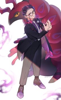  1boy absurdres black-framed_eyewear black_coat closed_mouth coat collared_shirt commentary_request corbeau_(pokemon) gen_5_pokemon glasses hands_up highres male_focus necktie nintendo open_clothes open_coat pants pokemon pokemon_(creature) pokemon_legends:_z-a purple_shirt round_eyewear scolipede shirt shoes short_hair socks somt_nacl split_mouth white_necktie yellow_eyes 