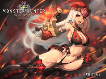  1girl armor ass bare_shoulders bikini_armor black_gloves blonde_hair breasts cameltoe cleavage copyright_name earrings ecell female_focus gloves hat high_heels highleg highleg_panties jewelry large_breasts long_hair looking_at_viewer monster_hunter:_world monster_hunter_(series) navel open_mouth panties red_eyes solo thighhighs underwear very_long_hair  rating:Sensitive score:20 user:danbooru
