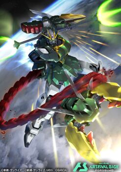  altron_gundam beam_trident card_(medium) commentary_request company_name copyright_logo copyright_name copyright_notice green_eyes gundam gundam_arsenal_base gundam_wing:_endless_waltz holding holding_polearm holding_weapon logo mecha mecha_focus mobile_suit no_humans official_art polearm robot sakusakusakurai science_fiction solo space trident v-fin weapon 