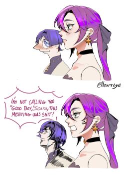  1boy 1girl annoyed aqua_eyes bare_shoulders black_bodysuit black_bow black_choker blunt_ends blush bodysuit bow choker choppy_bangs closed_mouth collarbone cropped_torso crying earrings english_text eyelashes facing_to_the_side from_side genshin_impact gold_earrings googly_eyes hair_bow hair_intakes heartbye_(lollybomb12) highres i'm_not_calling_you_"good_boy"_(meme) japanese_clothes jewelry kimono long_hair looking_to_the_side low_twintails mandarin_collar meme mona_(genshin_impact) multicolored_hair open_mouth parody pink_hair pink_lips profile purple_eyes purple_hair scaramouche_(genshin_impact) sequential sidelocks sideways_mouth smile speech_bubble star_(symbol) star_choker star_earrings streaked_hair streaming_tears style_parody tears tsurime twintails wanderer_(genshin_impact) white_kimono white_mouth 