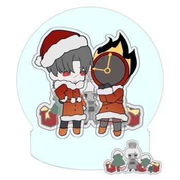  1boy 1girl 1other belt black_gloves boots charon_(project_moon) christmas clock coat colored_skin dante_(limbus_company) dress flaming_head fur-trimmed_coat fur-trimmed_dress fur-trimmed_headwear fur_trim gala9960 gloves grey_hair grey_skin hat highres limbus_company object_head parted_bangs project_moon red_belt red_boots red_coat red_dress red_eyes santa_hat scar scar_on_face vergilius_(project_moon) 