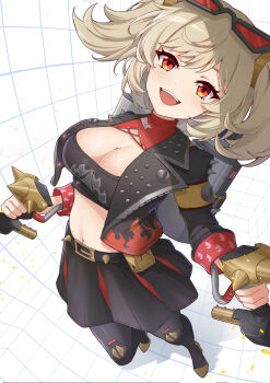  1girl :d agiri_(agiri_box) black_jacket black_skirt black_tube_top blonde_hair breasts burnice_white cleavage commentary eyewear_on_head flamethrower hair_ornament high_heels highres holding holding_flamethrower holding_weapon jacket long_sleeves looking_at_viewer midriff navel open_mouth orange_eyes red-tinted_eyewear skirt smile solo spiked_belt strapless tinted_eyewear tube_top twintails weapon zenless_zone_zero 