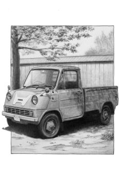  car commentary_request graphite_(medium) highres honda honda_t360 kei_truck motor_vehicle no_humans original outdoors pickup_truck shadow shin_iroenpitsu traditional_media tree truck vehicle_focus 