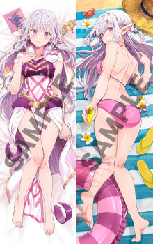  1girl ass back barefoot blush braid breasts butt_crack clothing_cutout dakimakura_(medium) dress elf feet full_body highres hip_vent kneepits large_breasts lifebuoy long_hair looking_at_viewer mariabelle_(elf-san) nihon_e_youkoso_elf-san. official_art pink_eyes point pointy_ears purple_eyes sample_watermark shoulder_blades sidelocks smile swim_ring thighs very_long_hair watermark white_hair  rating:Sensitive score:9 user:PuttHutt