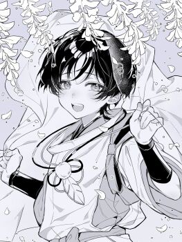  1boy armor blunt_ends blush bow choppy_bangs clothing_cutout commentary_request flower genshin_impact greyscale hands_up happy highres japanese_armor japanese_clothes kariginu kimono kote large_bow layered_sleeves looking_at_viewer male_focus monochrome monochrome_background open_mouth outdoors salt_(sawa0609) sash scaramouche_(genshin_impact) scaramouche_(kabukimono)_(genshin_impact) see-through_clothes see-through_veil short_sleeves side_cutout solo tasuki teeth tsurime upper_body upper_teeth_only veil wisteria 