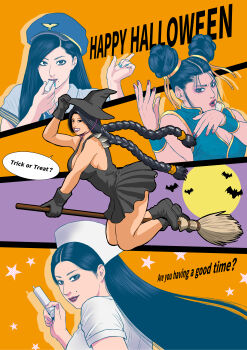  absurdres black_dress black_gloves black_hair broom broom_riding capcom chun-li chun-li_(cosplay) commentary_request cosplay double_bun dress gloves grin hair_bun halloween hat highres long_hair looking_at_viewer nurse nurse_cap original rebirthkamisennin red_lips short_dress smile street_fighter syringe upper_body very_long_hair whistle witch_hat 