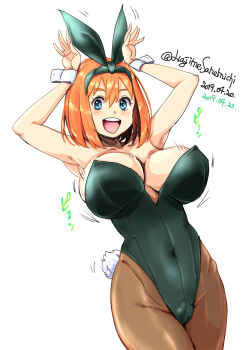  1girl :d animal_ears armpits blue_eyes breasts brown_pantyhose cleavage go-toubun_no_hanayome highres large_breasts nakano_yotsuba open_mouth orange_hair pantyhose playboy_bunny rabbit_ears sanemichi_hajime simple_background smile solo standing white_background wrist_cuffs  rating:Sensitive score:43 user:pantsukiller