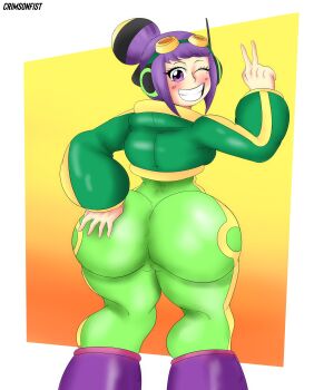  alternate_costume artist_name ass blush bodysuit boots cameltoe crimsonfist cropped_jacket egghead_outfit goggles goggles_on_head green_bodysuit green_hoodie green_jacket grin hair_bun hand_on_own_ass headphones hood hooded_jacket hoodie huge_ass jacket kurozumi_tama kyojiri_loli looking_at_viewer looking_back one_eye_closed one_piece purple_boots purple_eyes purple_hair sidelocks skin_tight smile v wink  rating:Questionable score:2 user:Narukovore