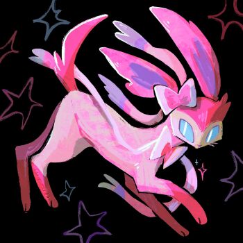  andewitt animal_focus blue_eyes blue_sclera bow colored_sclera commentary english_commentary full_body gen_6_pokemon highres nintendo no_humans pink_fur pokemon pokemon_(creature) pokemon_focus ribbon solo star_(symbol) sylveon tail white_fur 