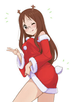  1girl alternate_costume andreypavlow bare_shoulders blush breasts brown_eyes brown_hair clothes_lift commentary cowboy_shot dress dress_lift fake_antlers fake_tail from_side fur-trimmed_dress fur_trim glass highres k-on! long_hair medium_breasts one_eye_closed red_dress santa_costume sidelocks simple_background solo strapless strapless_dress tail tongue tongue_out v white_background yamanaka_sawako 