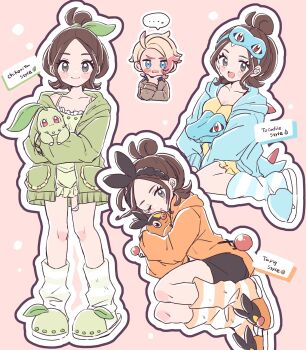  ... 1boy 1girl alternate_costume blonde_hair blue_eyes brown_hair chikorita commentary_request gen_2_pokemon gen_5_pokemon green_eyes harmony_(pokemon) highres kino_haruc multicolored_hair nintendo pink_background pink_hair pokemon pokemon_legends:_z-a poses sleepwear starter_pokemon_trio tepig totodile two-tone_hair urbain_(pokemon) 