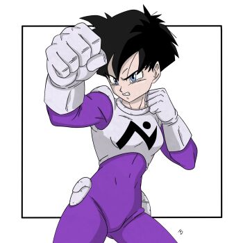  armor arms_up berryzart black_hair blue_eyes bodysuit breasts clenched_hands clenched_teeth cosplay covered_navel cowboy_shot dragon_ball fighting_stance gloves highres medium_breasts purple_bodysuit short_hair simple_background teeth videl white_background white_gloves 