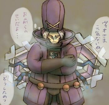  1boy black_gloves closed_eyes closed_mouth coat cold commentary_request crossed_arms cryogonal elbow_gloves gen_5_pokemon gloves grey_background grey_hair hat long_sleeves male_focus mature_male nintendo nmnhn poke_ball poke_ball_(basic) pokemon pokemon_(creature) pokemon_bw2 purple_coat purple_hat speech_bubble team_plasma thought_bubble translation_request waist_poke_ball zinzolin_(pokemon) 