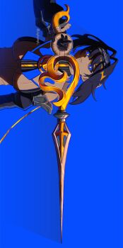  1girl absurdres bare_shoulders black_hair blue_background blue_hair blue_sclera colored_sclera commentary highres holding holding_sword holding_weapon hololive hololive_english hydroxyl multicolored_hair ouro_kronii simple_background solo sword symbol-only_commentary two-tone_hair upper_body virtual_youtuber weapon yellow_eyes 