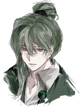  1boy bags_under_eyes brooch collared_shirt curtained_hair exhausted expressionless green_eyes green_jacket hair_between_eyes hair_bun half-closed_eyes hashtag-only_commentary highres jacket jewelry library_of_ruina male_focus netzach_(project_moon) portrait project_moon rostina_rt shirt single_sidelock solo white_shirt 