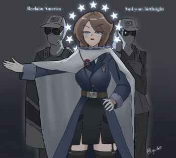  1girl 2boys absurdres baseball_cap belt black-framed_eyewear black_pantyhose black_skirt blue_coat blue_eyes body_armor brown_belt brown_hair coat english_text fasces_(object) gloves hand_on_own_hip hat hearts_of_iron highres holding holding_shield legarde1307 multiple_boys original pantyhose partially_colored personification scar scar_on_face shield short_hair skirt solo_focus star_(symbol) the_fire_rises united_states white_coat white_gloves 