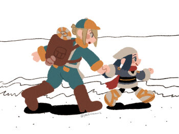  1boy 1girl akari_(pokemon) backpack bag beach black_hair blonde_hair blue_jumpsuit blush brown_bag commentary fur-trimmed_jumpsuit fur_trim galaxy_expedition_team_survey_corps_uniform ginkgo_guild_uniform grey_eyes hair_over_one_eye hand_grab hat headscarf holding jumpsuit long_hair nintendo open_mouth outdoors partially_colored pokemon pokemon_legends:_arceus red_scarf sara_(yeahx2wowx2) scarf smile twitter_username two-tone_headwear volo_(pokemon) white_headscarf yellow_hat 