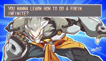  1boy artist_name banyue_(zenless_zone_zero) blue_background claws clenched_hand clothes_around_waist commentary english_commentary english_text facing_viewer highres male_focus marvel_super_heroes marvel_vs._capcom marvel_vs._capcom_2 orange_shirt parody profanity robot shirt shirt_around_waist shotwilly topless_male twitter_username zenless_zone_zero 