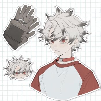  1boy black_streaks closed_mouth colored_tips commentary cropped_torso gachiakuta gloves grey_hair grid_background highres looking_at_viewer male_focus multicolored_hair outline red_eyes rudo_surebrec ruya098765 short_hair simple_background solo sticker streaked_hair two-tone_hair white_outline 
