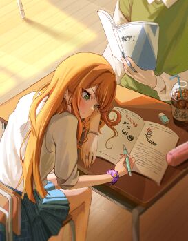 1boy 1girl :t absurdres blue_skirt blush book cabbage_(chlehd2239) chair coffee cup desk disposable_cup gakuen_idolmaster green_eyes green_sweater_vest gyaru hatsuboshi_gakuen_school_uniform hatsumi-chan_(gakuen_idolmaster) head_rest highres holding holding_book holding_pen idolmaster indoors kogal mole mole_under_eye orange_hair p-head_producer pen pleated_skirt producer_(idolmaster) school_chair school_desk school_uniform scrunchie shirt shiun_sumika sitting skirt studying sweater_vest white_shirt wooden_floor wrist_scrunchie rating:General score:4 user:danbooru