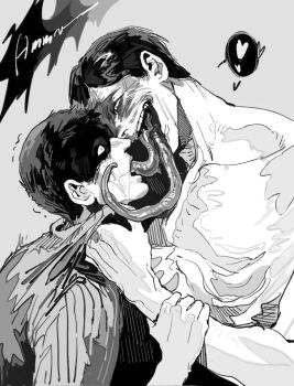  2boys clothes_grab collar_grab emaciated english_text forced_kiss greyscale heart height_difference holding_another's_wrist intruder_(no_i'm_not_a_human) kiss long_tongue looking_at_another male_focus monochrome multiple_boys multiple_tongues neckwear_grab no_i'm_not_a_human protagonist_(no_i'm_not_a_human) saliva short_hair shuishui0319 simple_background speech_bubble spoken_heart sweater tall_male tongue tongue_suck turtleneck turtleneck_sweater upper_body wide-eyed yaoi 