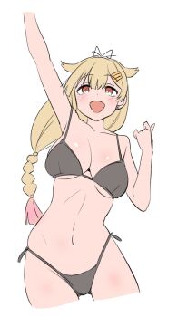  1girl arm_up bikini black_bikini blonde_hair braid commentary_request hair_flaps kantai_collection long_hair red_eyes side-tie_bikini_bottom single_braid smile solo swimsuit tamu_(mad_works) yuudachi_(kancolle) yuudachi_kai_ni_(kancolle) 