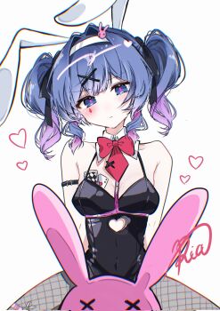  1girl animal_ear_hairband animal_ears armband black_leotard black_pantyhose blue_eyes blue_hair bow bowtie breasts collarbone commentary detached_collar facial_mark fake_animal_ears fishnet_pantyhose fishnets gradient_hair hair_ornament hairband hatsune_miku head_tilt heart highres leotard looking_at_viewer multicolored_hair necktie pantyhose playboy_bunny rabbit_ear_hairband rabbit_ears rabbit_hair_ornament rabbit_hole_(vocaloid) red_bow red_bowtie red_necktie ria_art short_hair short_necktie signature simple_background sitting solo teardrop_facial_mark vocaloid white_background x_hair_ornament x_x 