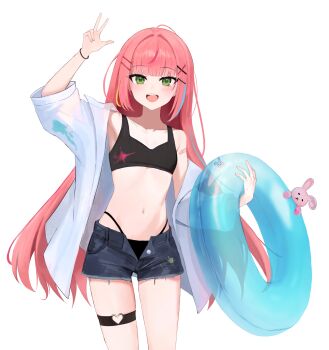  1girl absurdres arm_up bandaid bandaid_on_arm bikini bikini_under_clothes black_bikini cowboy_shot cutoffs denim denim_shorts green_eyes hair_intakes hair_ornament hairclip hanako_nana hashtag-only_commentary heart heart_o-ring highres holding holding_swim_ring innertube long_hair looking_at_viewer multicolored_hair navel nokbunn o-ring o-ring_thigh_strap open_clothes open_fly open_mouth open_shirt open_shorts paint_on_clothes paint_splatter parallel_hairclips peto_(hanako_nana) pink_hair shirt short_shorts shorts simple_background single_off_shoulder smile solo standing stellive stomach straight_hair streaked_hair swim_ring swimsuit thigh_strap very_long_hair virtual_youtuber w white_background white_shirt x_hair_ornament 