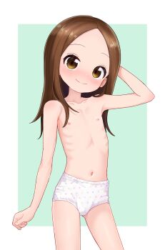  1girl absurdres brown_eyes brown_hair commentary flat_chest hashtag-only_commentary highres karakai_jouzu_no_takagi-san loli long_hair navel nipples panties pepzi smile solo takagi-san underwear white_panties 