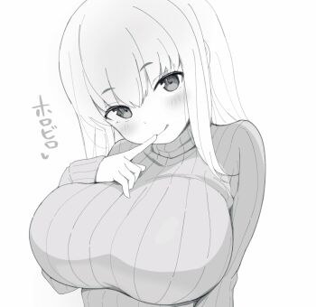  1girl alternate_breast_size_(larger) baselard breasts closed_mouth finger_to_mouth frame_arms_girl greyscale hand_on_own_chest head_tilt huge_breasts ko_pot-au-feu long_hair long_sleeves looking_at_viewer monochrome ribbed_sweater simple_background smile solo sweater tongue tongue_out turtleneck turtleneck_sweater upper_body white_background 
