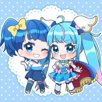  2girls blue_background blue_cape blue_dress blue_eyes blue_hair blue_shirt blue_skirt blue_thighhighs bow cape casual chibi chibi_only clenched_hands commentary cure_sky cut_bangs detached_sleeves doily dress dress_bow dual_persona earrings fingerless_gloves frilled_dress frills fringe_trim gloves gradient_hair grin hair_bow hair_ornament hand_on_own_hip highres hirogaru_sky!_precure jewelry long_hair long_sleeves looking_at_viewer magical_girl medium_hair multicolored_hair multiple_girls one_eye_closed open_mouth pink_bow pink_hair pleated_skirt polka_dot polka_dot_background precure puffy_detached_sleeves puffy_sleeves red_cape shirt side-by-side side_ponytail single_sidelock skirt sleeveless sleeveless_dress smile sora_harewataru standing streaked_hair t-shirt thighhighs twintails twitter_username two-sided_cape two-sided_fabric two-tone_dress two-tone_hair two-tone_shirt umiyuki_(umi_chu) very_long_hair white_dress white_gloves white_shirt white_thighhighs wing_hair_ornament yellow_bow 
