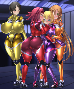  4girls alternate_costume ass asymmetrical_docking black_hair blonde_hair blue_eyes blunt_bangs blush bodysuit breast_press breasts brown_eyes brown_hair bulging_breasts cameltoe chiba_nagisa code_geass color-coded commission covered_navel crossover curvy eyebrows_hidden_by_hair eyelashes full_body girl_sandwich grabbing_another's_breast green_eyes groping gundam gundam_00 hair_between_eyes hand_on_another's_hip headband highres huge_ass huge_breasts impossible_bodysuit impossible_clothes indoors kouzuki_kallen large_areolae light_blush linea_alba long_hair looking_at_another louise_halevy masachuusa multiple_girls open_mouth orange_bodysuit parted_bangs purple_bodysuit red_bodysuit red_hair sandwiched shiny_clothes shirley_fenette short_hair sidelocks skin_tight smile standing thick_thighs thigh_gap thighs wide_hips yellow_bodysuit yuri  rating:Questionable score:11 user:WashiZ