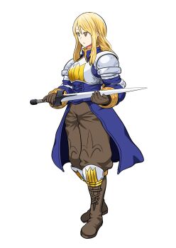  1girl agrias_oaks armor blonde_hair blue_coat boots breastplate brown_boots brown_gloves brown_pants closed_mouth coat commentary final_fantasy final_fantasy_tactics full_body gloves highres holding holding_sword holding_weapon long_hair pants pauldrons shoulder_armor simple_background solo standing sword tachi-e take_(shokumu-taiman) weapon white_background yellow_eyes 