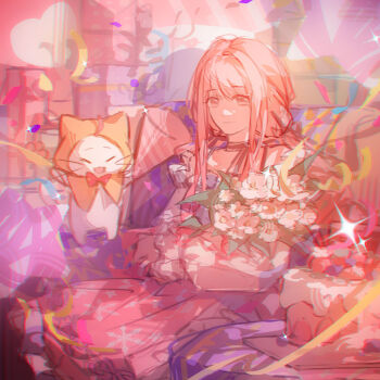  1girl ^_^ absurdres animal bare_shoulders birthday birthday_cake black_bow black_ribbon bouquet bow bow_choker bowtie bra_strap brown_eyes cake cat chinese_commentary choker cloak closed_eyes closed_mouth clothed_animal commentary_request confetti couch cowboy_shot ear_covers eyelashes flower food frilled_shirt frilled_skirt frilled_sleeves frills gift hair_bow hair_ribbon happy highres holding holding_bouquet holding_party_popper hood hood_up hooded_cloak indoors infinity_nikki long_hair long_sidelocks long_sleeves low_twintails medium_skirt momo_(nikki) nikki_(nikki) nikki_(series) off-shoulder_shirt off_shoulder on_couch open_mouth park party_popper perfect_start_(infinity_nikki) pink_bow pink_bowtie pink_choker pink_hair pink_ribbon pink_skirt pleated_skirt print_skirt puffy_long_sleeves puffy_sleeves red_bow red_bowtie ribbon see-through_clothes see-through_sleeves shirt sidelocks single_stripe sitting skirt sleeves_past_wrists smile snowflake_print star_(symbol) star_print striped_bow striped_bowtie striped_choker striped_clothes traditional_bowtie tress_ribbon twintails very_long_hair whimstar_(infinity_nikki) whiskers white_cat white_flower white_shirt yarn yellow_cloak yozen 