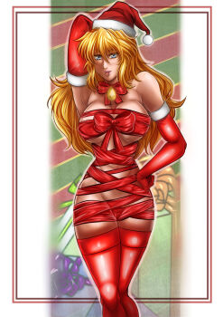 1girl blonde_hair breasts excellen_browning framed highres large_breasts long_hair naked_ribbon ribbon super_robot_wars
