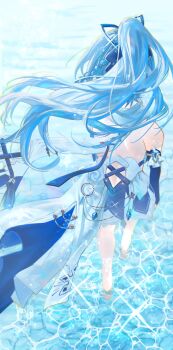  1girl absurdres back back_cutout backless_dress backless_outfit bare_back bare_shoulders barefoot blue_dress blue_hair blue_sleeves bow clothing_cutout detached_sleeves dress duoyun_de_tiankong facing_away floating_hair from_above from_behind gloves hair_ribbon high_ponytail highres honkai_(series) honkai_impact_3rd long_hair ponytail ribbon shallow_water shigure_kira solo standing wading water 