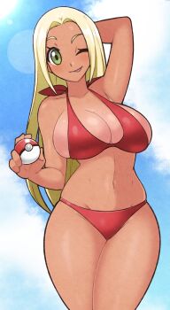  bikini blonde_hair breasts green_eyes highres jeff_miga large_breasts nintendo one_eye_closed poke_ball pokemon pokemon_x_and_y red_bikini swimmer_(pokemon) swimsuit tagme tan tongue tongue_out  rating:Sensitive score:7 user:AsunaBlue