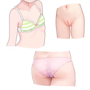 3girls ass bow bow_bra bra breasts cleft_of_venus commentary cropped_head cropped_legs cropped_torso crotch_seam female_focus green_bra highres lace lace-trimmed_bra lace_trim loli multiple_girls multiple_views navel original panties pink_panties pussy simple_background small_breasts striped_bra striped_clothes thigh_gap totorin7124 uncensored underwear white_background  rating:Explicit score:726 user:danbooru