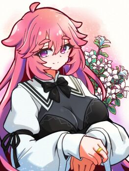  1girl ahoge assault_lily black_bow black_bowtie black_ribbon black_shirt bodystocking bow bowtie breasts closed_mouth commentary_request digamma flower gradient_background hair_between_eyes hair_flaps hands_up highres jewelry juliet_sleeves kuramata_yukiyo large_breasts lily_(flower) long_hair long_sleeves looking_at_viewer own_hands_together pink_background pink_hair puffy_sleeves purple_background purple_eyes ribbon ring school_uniform see-through_clothes shirt shrug_(clothing) sleeve_ribbon smile solo strapless strapless_shirt thick_eyebrows upper_body very_long_hair white_background white_flower yurigaoka_girls_academy_school_uniform 