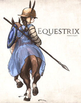  1girl brown_eyes brown_hair commentary english_text from_behind helmet highres holding holding_polearm holding_shield holding_weapon horse horseback_riding ironlily latin_commentary latin_text long_hair looking_back no_mouth original polearm ranguage riding shield simple_background solo weapon 